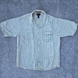 Born Mens Linen & Bamboo Button Down Short Sleeve Shirt Green Gray Plaid Mens L